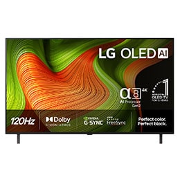 LG OLED AI B5 4K Smart TV sett forfra. 12 år som verdens nummer 1 OLED-emblem og LG OLED AI 2025-logo vises på skjermen.