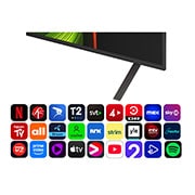 LG 55'' OLED AI B5 4K Smart TV 2025, Alpha 8 AI Processor Gen2 lyser oransje og rosa, og fargerike lysglimt stråler ut av den. Tittelen sier noe om hvordan prosessoren gir 4K-kvalitet, enestående farge og lysstyrke. Bildeteksten lyder: O, OLED55B56LA, thumbnail 5