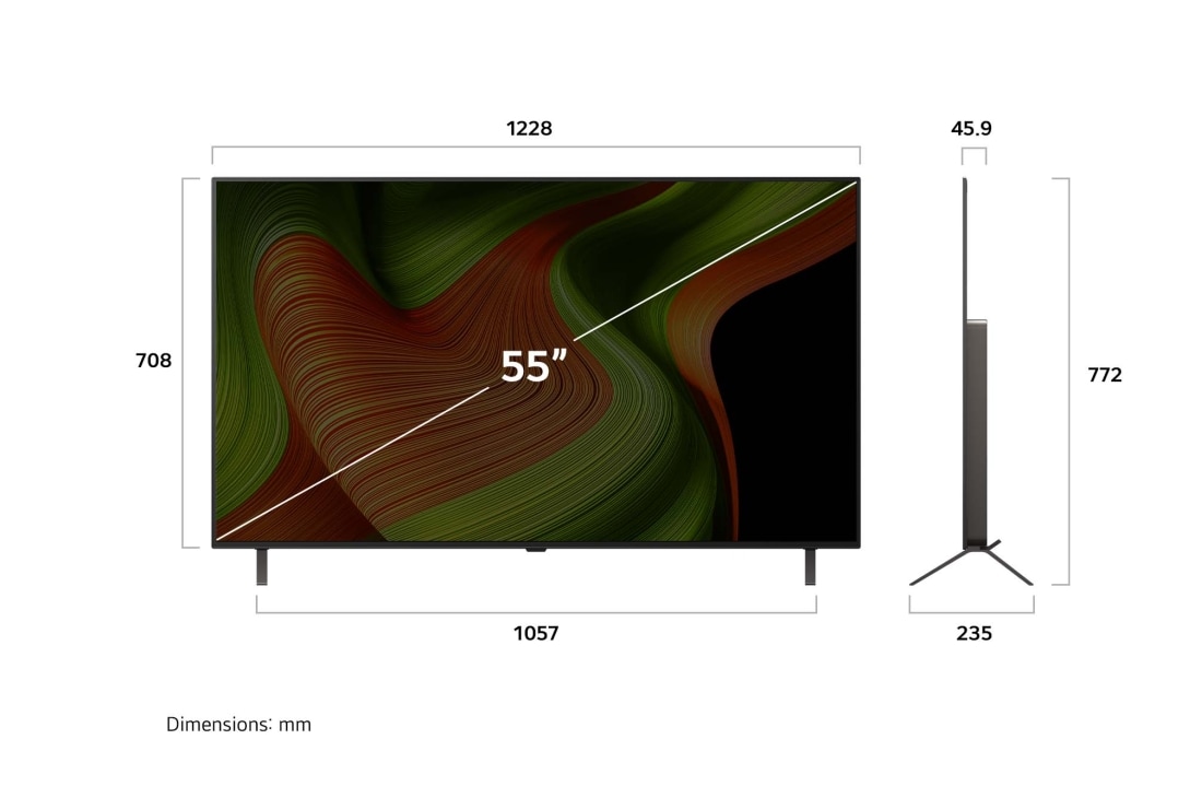 LG 55'' OLED AI B5 4K Smart TV 2025, Visning forfra og fra siden av LG OLED AI B5 4K Smart TV som viser lengde-, bredde-, høyde- og dybdemål., OLED55B56LA, thumbnail 4