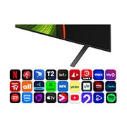 LG 65'' OLED AI B5 4K Smart TV 2025, Alpha 8 AI Processor Gen2 lyser oransje og rosa, og fargerike lysglimt stråler ut av den. Tittelen sier noe om hvordan prosessoren gir 4K-kvalitet, enestående farge og lysstyrke. Bildeteksten lyder: O, OLED65B56LA, thumbnail 5