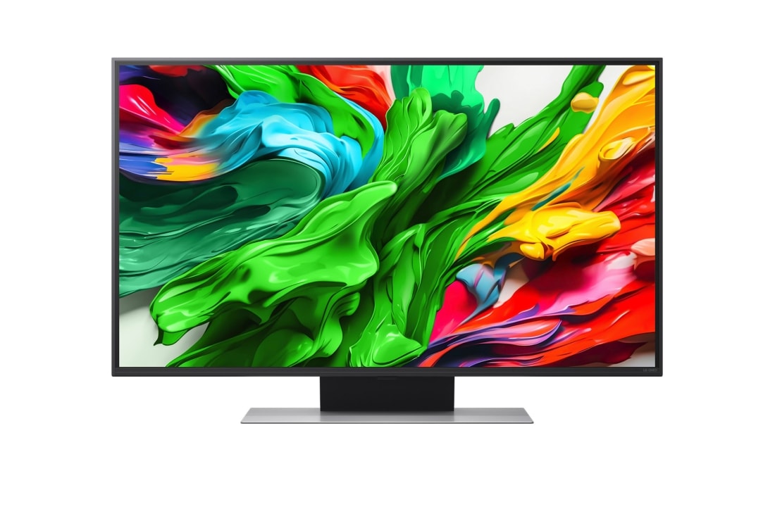 LG 43-tommers LG QNED evo AI QNED87 4K Smart TV 2025, Visning forfra av LG QNED evo QNED87 TV, LG QNED evo Al Logo øverst i hjørnet. LG QNED evo QNED87 TV viser fargerike maleteksturer som kommer sammen., 43QNED87A6D