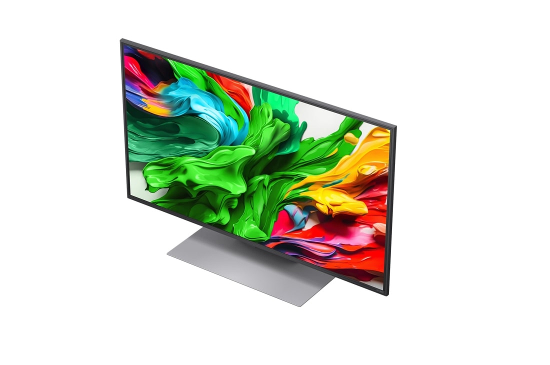 LG 50'' QNED AI QNED87 4K Smart TV 2025, Alpha 8 AI Processor Gen2 lyser oransje og rosa, og fargerike lysglimt stråler ut av den. Tittelen sier noe om hvordan prosessoren gir 4K-kvalitet, enestående farge og lysstyrke. Bildetekster leses om, 50QNED87A6D, thumbnail 6