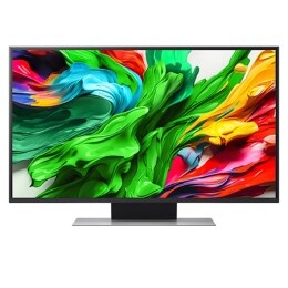 Visning forfra av LG QNED evo QNED87 TV, LG QNED evo Al Logo øverst i hjørnet. LG QNED evo QNED87 TV viser fargerike maleteksturer som kommer sammen.2