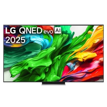 Visning forfra av LG QNED evo QNED87 TV, LG QNED evo Al Logo øverst i hjørnet. LG QNED evo QNED87 TV viser fargerike maleteksturer som kommer sammen.