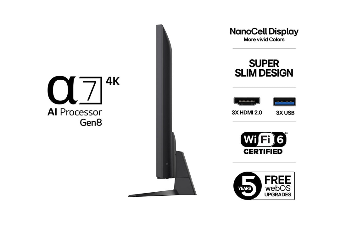 LG 75'' NanoCell AI NANO81 4K Smart TV 2025, Sidevisning fra venstre av LG NanoCell NANO80 TV., 75NANO81A6A, thumbnail 3