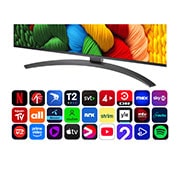 LG 75'' NanoCell AI NANO81 4K Smart TV 2025, Visning forfra og fra siden av LG NanoCell NANO80 AI 4K Smart TV som viser lengde, bredde, høyde og dybde., 75NANO81A6A, thumbnail 4