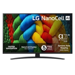 NanoCell TV sett forfra, LG NanoCell AI-logo øverst i hjørnet. LG NanoCell NANO80-TV-en viser fargerike, malerilignende teksturer som smelter sammen.2