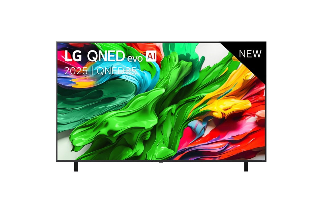 LG 65-tommers LG QNED evo AI QNED85 4K Smart TV 2025, Visning forfra av LG QNED evo QNED85 TV, LG QNED evo Al Logo øverst i hjørnet. LG QNED evo QNED85 TV viser fargerike maleteksturer som kommer sammen., 65QNED85A6C
