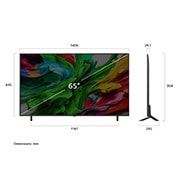 LG 65'' QNED evo MiniLED AI QNED85 4K Smart TV 2025, Visning forfra og fra siden av LG QNED evo QNED85 TV som viser lengde, bredde, høyde og dybde., 65QNED85A6C, thumbnail 5