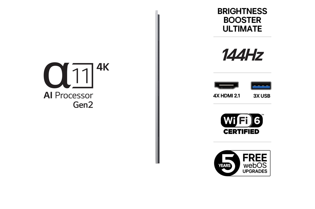 LG 65 tommers LG OLED evo M5 4K Smart TV 2025, Prikaz sa prednje i bočne strane LG OLED M5 TV-a koji prikazuje njegove dimenzije dužine, širine, visine i dubine., OLED65M59LA, thumbnail 3