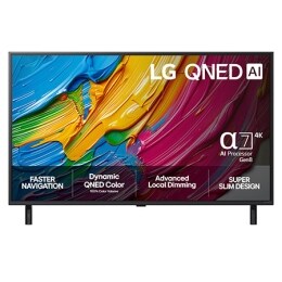 Visning forfra av LG QNED8E TV, LG QNED AI-logo i øverste hjørne. LG QNED TV viser fargerike, malerilignende teksturer som smelter sammen.2