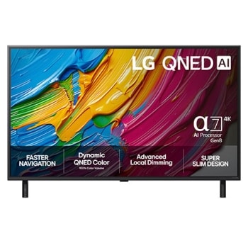 Visning forfra av LG QNED8E TV, LG QNED AI-logo i øverste hjørne. LG QNED TV viser fargerike, malerilignende teksturer som smelter sammen.1