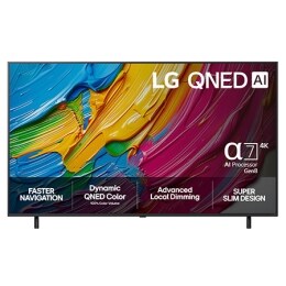 Visning forfra av LG QNED8E TV, LG QNED AI-logo i øverste hjørne. LG QNED TV viser fargerike, malerilignende teksturer som smelter sammen.2