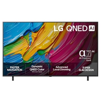 Visning forfra av LG QNED8E TV, LG QNED AI-logo i øverste hjørne. LG QNED TV viser fargerike, malerilignende teksturer som smelter sammen.1