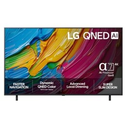 Visning forfra av LG QNED8E TV, LG QNED AI-logo i øverste hjørne. LG QNED TV viser fargerike, malerilignende teksturer som smelter sammen.2