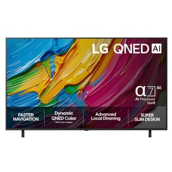 Visning forfra av LG QNED8E TV, LG QNED AI-logo i øverste hjørne. LG QNED TV viser fargerike, malerilignende teksturer som smelter sammen.1