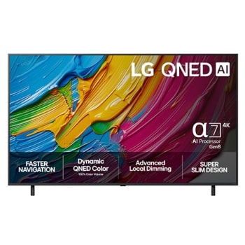 Visning forfra av LG QNED8E TV, LG QNED AI-logo i øverste hjørne. LG QNED TV viser fargerike, malerilignende teksturer som smelter sammen.1
