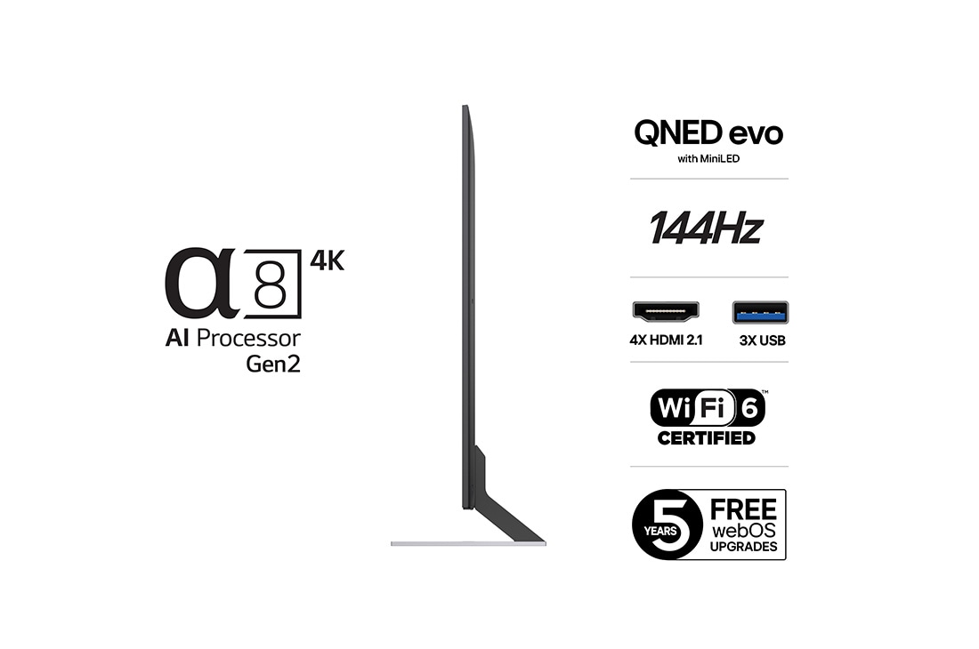 LG 86'' QNED evo MiniLED AI QNED85 4K Smart TV 2025, 90 degree side view, 86QNED85A6C, thumbnail 3