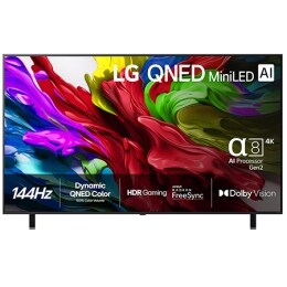 Visning forfra av LG QNED evo QNED85 TV, LG QNED evo Al Logo øverst i hjørnet. LG QNED evo QNED85 TV viser fargerike maleteksturer som kommer sammen.2