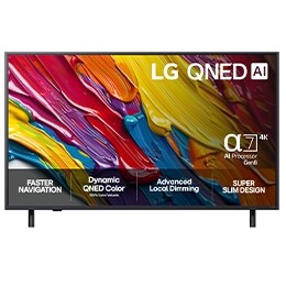 Visning forfra av LG QNED8E TV, LG QNED AI-logo i øverste hjørne. LG QNED TV viser fargerike, malerilignende teksturer som smelter sammen.2