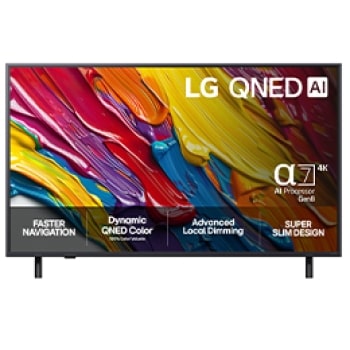 Visning forfra av LG QNED8E TV, LG QNED AI-logo i øverste hjørne. LG QNED TV viser fargerike, malerilignende teksturer som smelter sammen.1