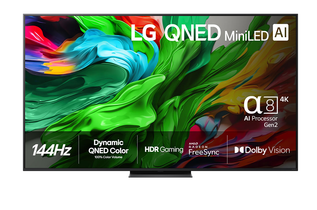 LG 75-tommers LG QNED evo AI QNED86 MiniLED 4K Smart TV 2025, Visning forfra av LG QNED evo QNED92 TV, LG QNED evo AI-logo i øvre hjørne. LG QNED evo QNED92 TV viser fargerike, malerilignende teksturer som smelter sammen., 75QNED86A6A