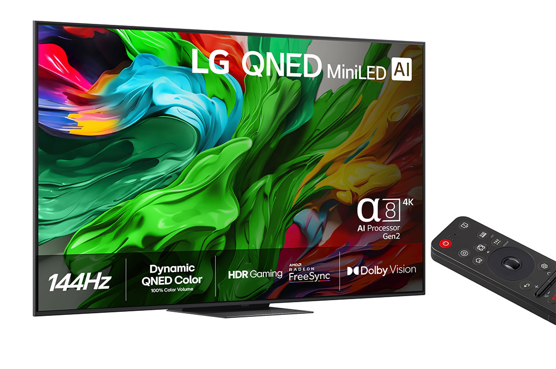 LG 86'' QNED MiniLED AI QNED86 4K Smart TV 2025, Visning forfra av LG QNED evo QNED92 TV, LG QNED evo AI-logo i øvre hjørne. LG QNED evo QNED92 TV viser fargerike, malerilignende teksturer som smelter sammen., 86QNED86A6A, thumbnail 2