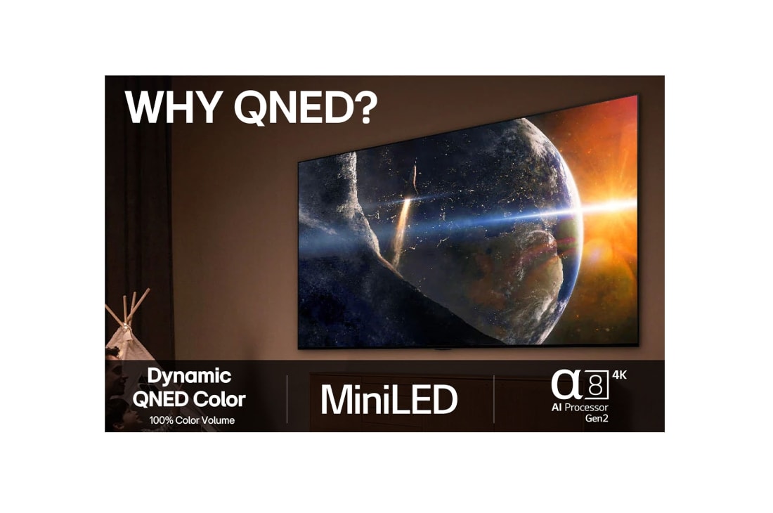 LG 100'' QNED MiniLED AI QNED86 4K Smart TV 2025, Nærbilde av en LG TV-skjerm som viser hvordan AI Search fungerer. Et lite chattevindu er åpnet og viser hvordan brukeren spør om hvilke sportsspill som er tilgjengelige. AI Search svarte via chat og v, 100QNED86A6, thumbnail 8