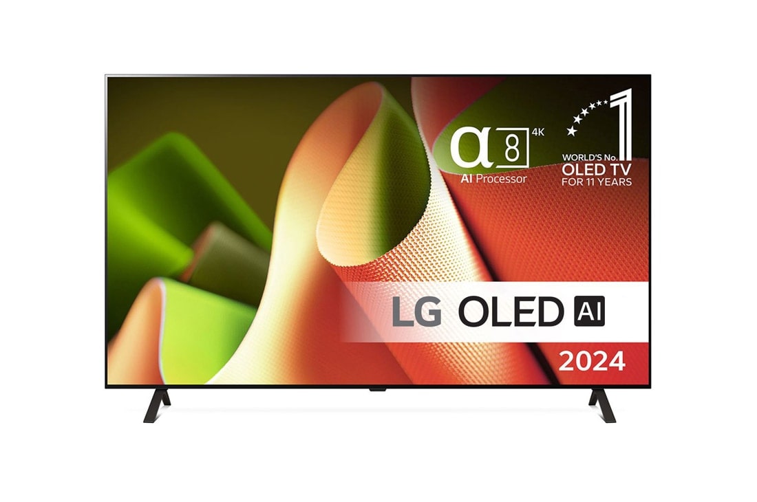 LG 77-tommers LG OLED evo B4 4K Smart TV OLED77B4, Sett forfra med LG OLED TV, OLED B4, 11 Years of world number 1 OLED-emblem og alpha 8 4K AI-prosessor Gen7-logo., OLED77B4ELA