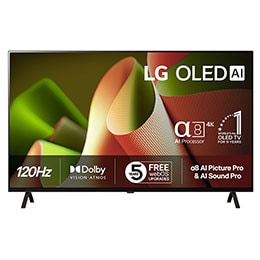 Sett forfra med LG OLED TV, OLED B4, 11 Years of world number 1 OLED-emblem og alpha 8 4K AI-prosessor Gen7-logo.
