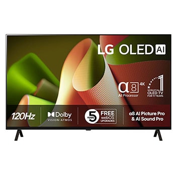 Sett forfra med LG OLED TV, OLED B4, 11 Years of world number 1 OLED-emblem og alpha 8 4K AI-prosessor Gen7-logo.