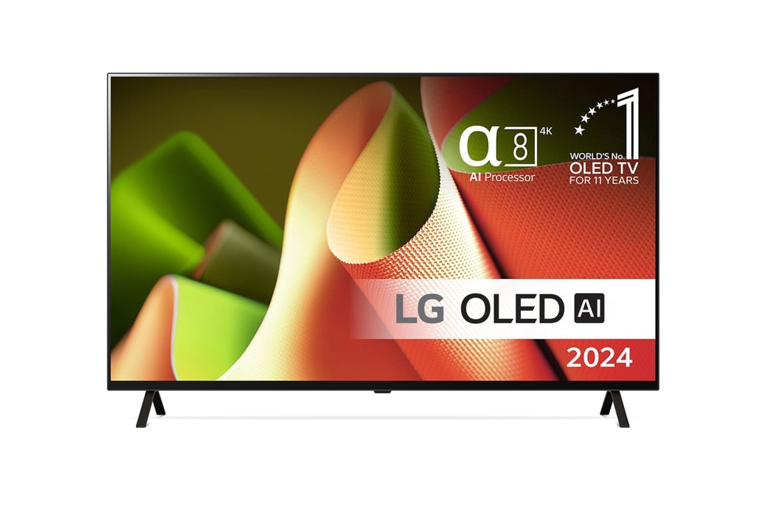 LG 55-tommers LG OLED evo B4 4K Smart TV OLED55B4, Sett forfra med LG OLED TV, OLED B4, 11 Years of world number 1 OLED-emblem og alpha 8 4K AI-prosessor Gen7-logo., OLED55B4ELA