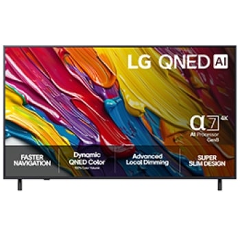 Visning forfra av LG QNED8E TV, LG QNED AI-logo i øverste hjørne. LG QNED TV viser fargerike, malerilignende teksturer som smelter sammen.1