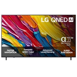 Visning forfra av LG QNED8E TV, LG QNED AI-logo i øverste hjørne. LG QNED TV viser fargerike, malerilignende teksturer som smelter sammen.2