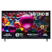 LG 75'' UHD AI UA75 4K Smart TV 2025, Visning forfra av UHD UA75 TV, LG UHD AI-logo øverst i hjørnet. LG UHD TV viser fargerike, maleriske teksturer som smelter sammen., 75UA75006LA, thumbnail 1