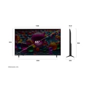 LG 65'' UHD AI UA75 4K Smart TV 2025, Visning forfra og fra siden av LG UHD AI UA75 4K Smart TV, som viser lengde-, bredde-, høyde- og dybdemålene., 65UA75006LA, thumbnail 4