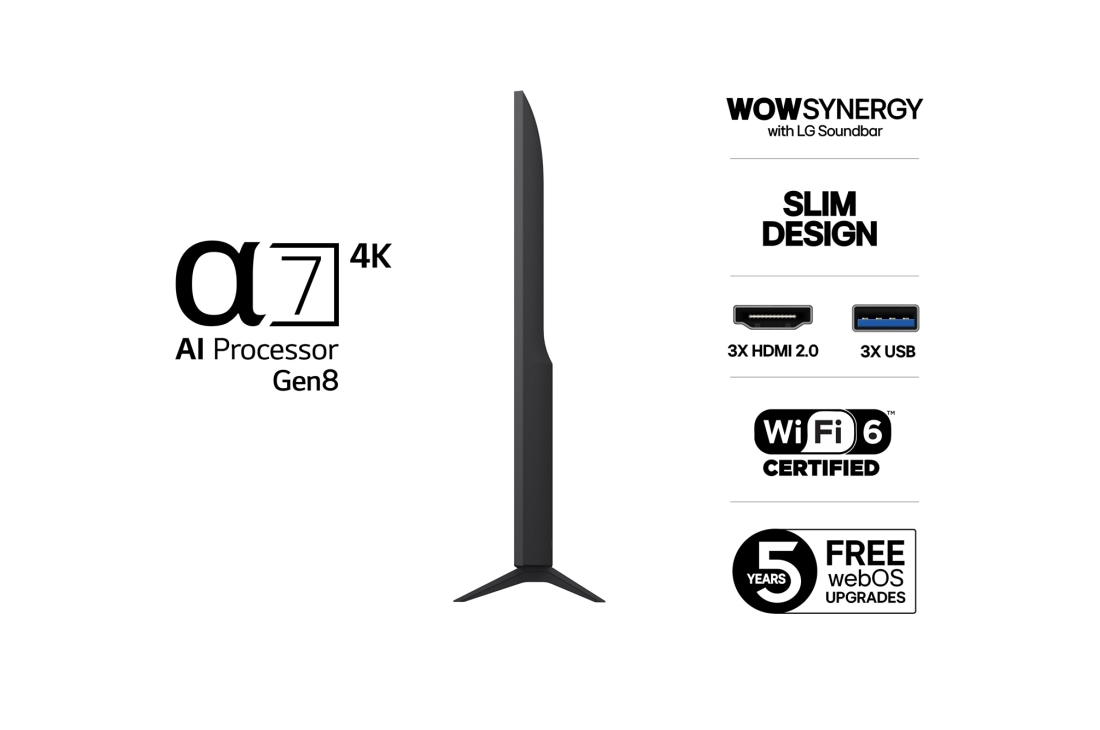 LG 75'' UHD AI UA75 4K Smart TV 2025, Lett vinklet sidevisning mot venstre av LG UHD UA75 TV., 75UA75006LA, thumbnail 3