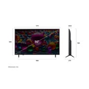 LG 50'' UHD AI UA75 4K Smart TV 2025, Visning forfra og fra siden av LG UHD AI UA75 4K Smart TV, som viser lengde-, bredde-, høyde- og dybdemålene., 50UA75006LA, thumbnail 4