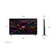 LG 55'' UHD AI UA75 4K Smart TV 2025, Visning forfra og fra siden av LG UHD AI UA75 4K Smart TV, som viser lengde-, bredde-, høyde- og dybdemålene., 55UA75006LA, thumbnail 4