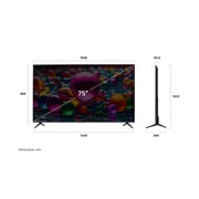 LG 75'' UHD AI UA75 4K Smart TV 2025, Visning forfra og fra siden av LG UHD AI UA75 4K Smart TV, som viser lengde-, bredde-, høyde- og dybdemålene., 75UA75006LA, thumbnail 4