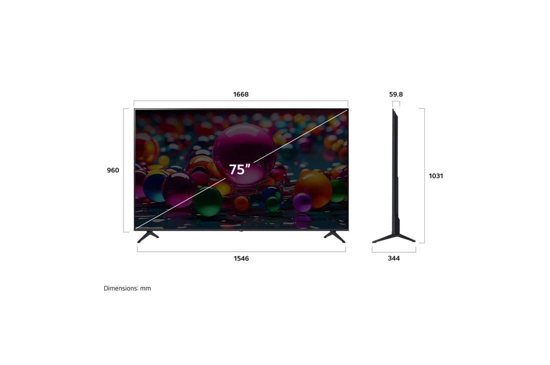 LG 75'' UHD AI UA75 4K Smart TV 2025, Visning forfra og fra siden av LG UHD AI UA75 4K Smart TV, som viser lengde-, bredde-, høyde- og dybdemålene., 75UA75006LA, thumbnail 4