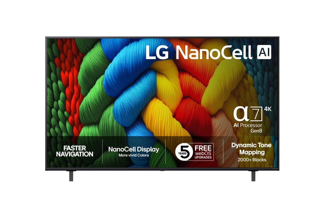 LG 75-tommers LG NanoCell AI NANO80 4K Smart TV 2025, NanoCell TV sett forfra, LG NanoCell AI-logo øverst i hjørnet. LG NanoCell NANO80-TV-en viser fargerike, malerilignende teksturer som smelter sammen., 75NANO80A6B