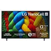 LG 75'' NanoCell AI NANO80 4K Smart TV 2025, NanoCell TV sett forfra, LG NanoCell AI-logo øverst i hjørnet. LG NanoCell NANO80-TV-en viser fargerike, malerilignende teksturer som smelter sammen., 75NANO80A6B, thumbnail 1