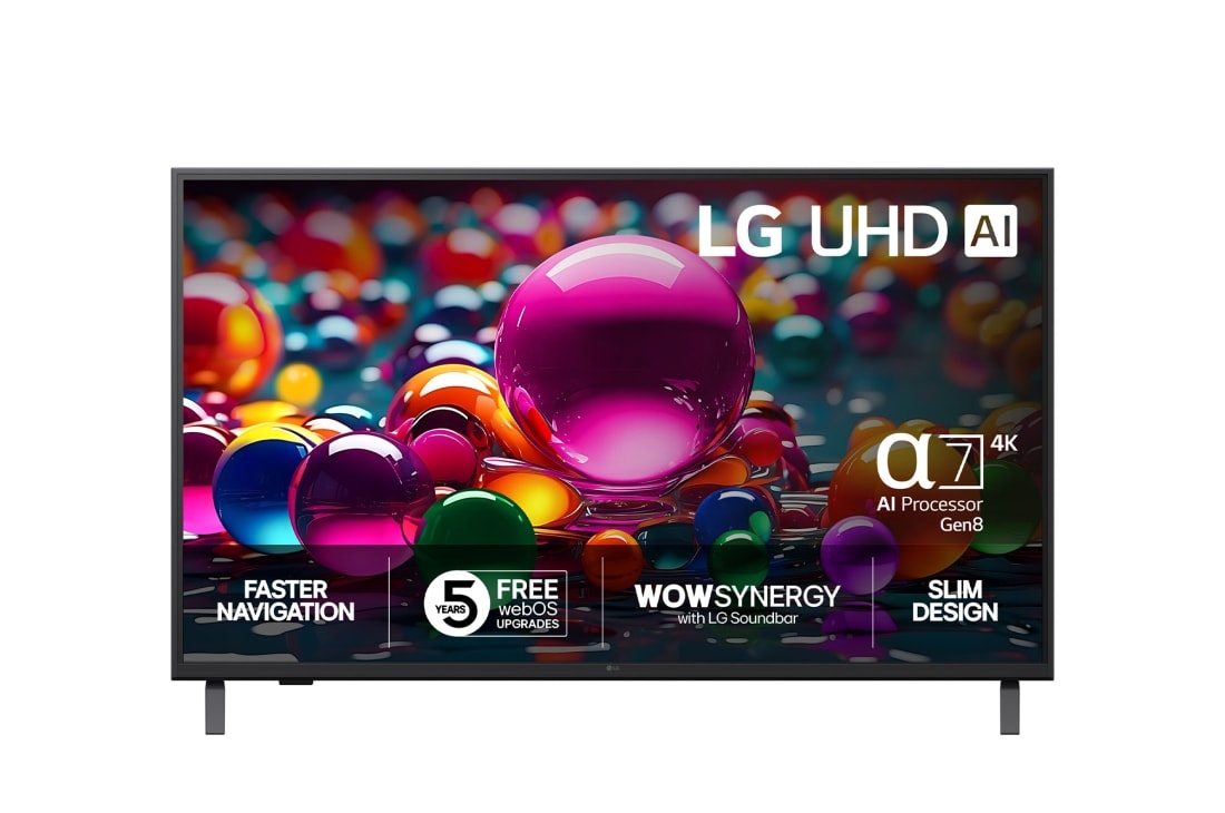 LG 43 tommers LG UHD AI UA75 4K Smart TV 2025, Visning forfra av UHD UA75 TV, LG UHD AI-logo øverst i hjørnet. LG UHD TV viser fargerike, maleriske teksturer som smelter sammen., 43UA75006LA