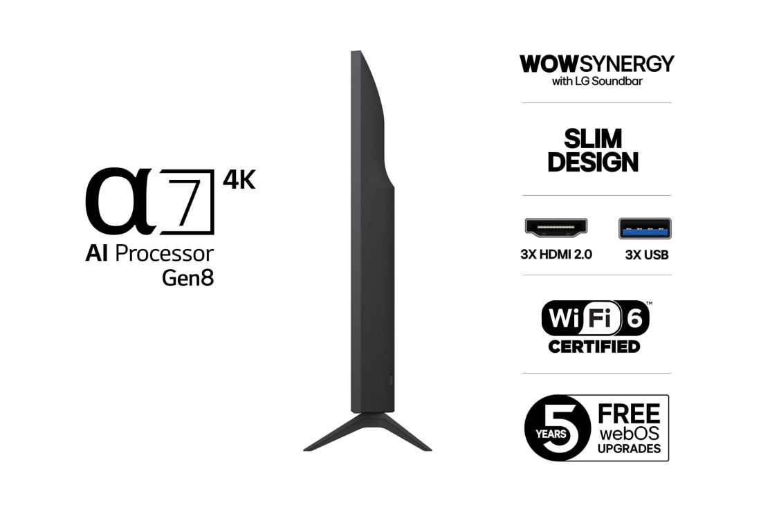 LG 43'' UHD AI UA75 4K Smart TV 2025, Lett vinklet sidevisning mot venstre av LG UHD UA75 TV., 43UA75006LA, thumbnail 3