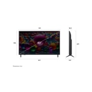LG 43'' UHD AI UA75 4K Smart TV 2025, Visning forfra og fra siden av LG UHD AI UA75 4K Smart TV, som viser lengde-, bredde-, høyde- og dybdemålene., 43UA75006LA, thumbnail 4