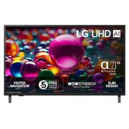 Visning forfra av UHD UA75 TV, LG UHD AI-logo øverst i hjørnet. LG UHD TV viser fargerike, maleriske teksturer som smelter sammen.2