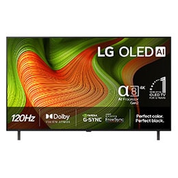 LG OLED AI B5 4K Smart TV sett forfra. 14 år som verdens nummer 1 OLED-emblem og LG OLED AI 2025-logo vises på skjermen.2