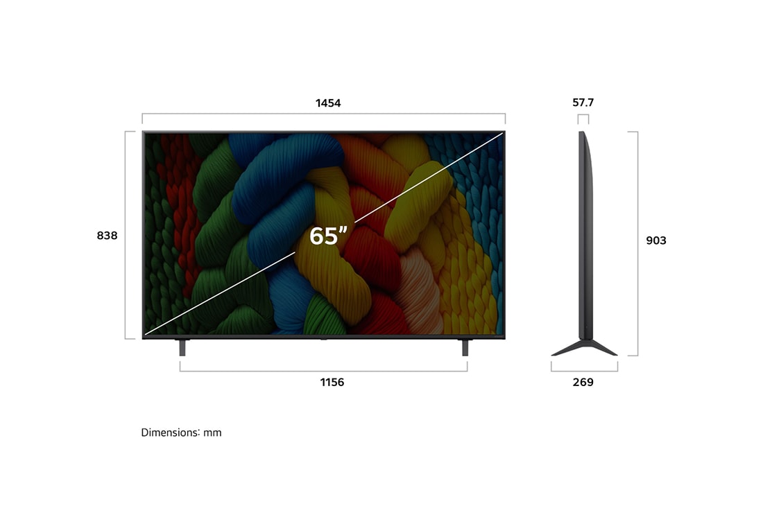 LG 65'' NanoCell AI NANO80 4K Smart TV 2025, Dimensions & Weight, 65NANO80A6B, thumbnail 4
