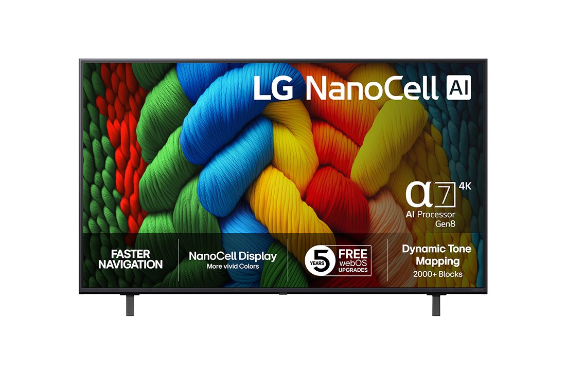 LG 55-tommers LG NanoCell AI NANO80 4K Smart TV 2025, NanoCell TV sett forfra, LG NanoCell AI-logo øverst i hjørnet. LG NanoCell NANO80-TV-en viser fargerike, malerilignende teksturer som smelter sammen., 55NANO80A6B